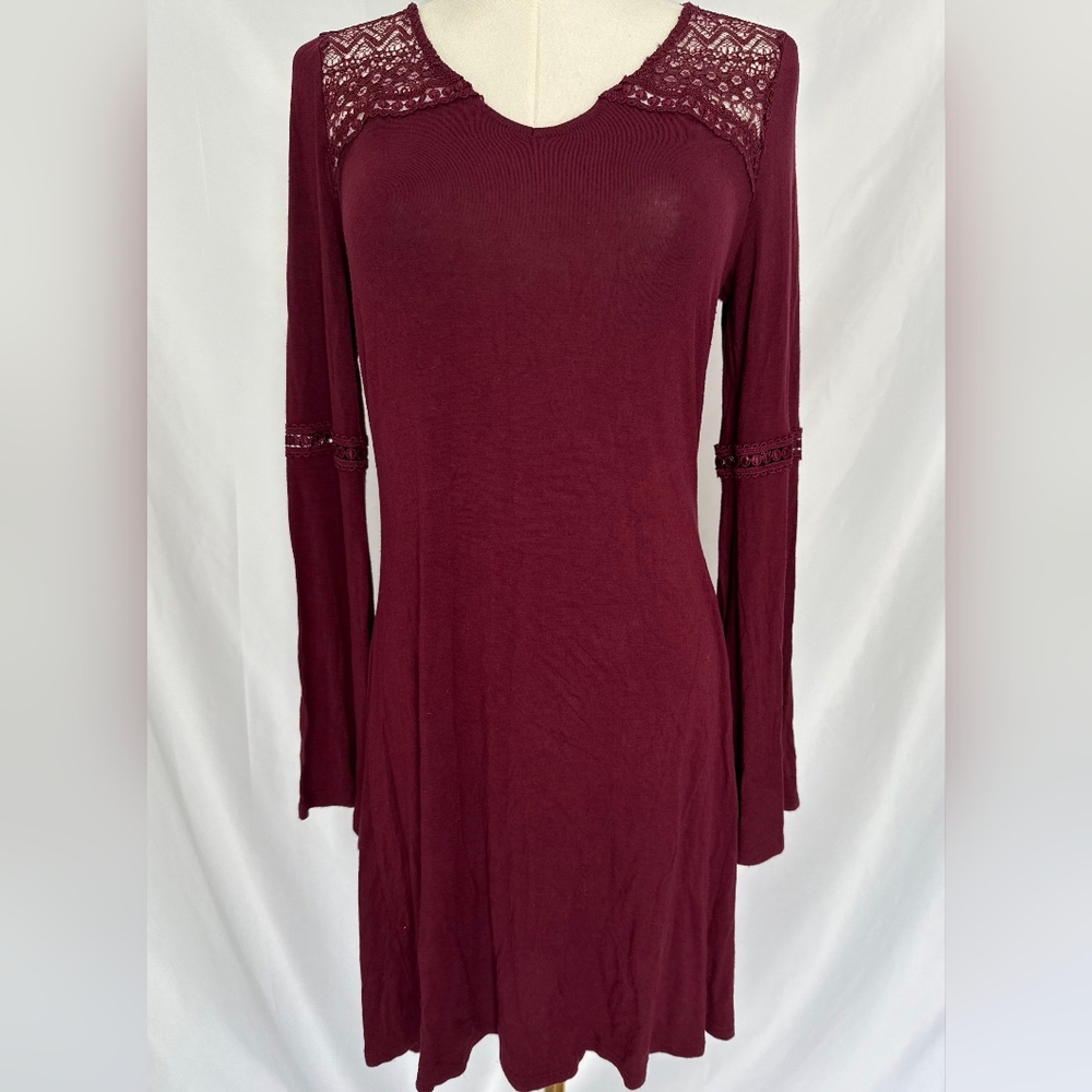 Pink Republic Burgundy Lace-Trim Bell Sleeve Mini Dress Size Small